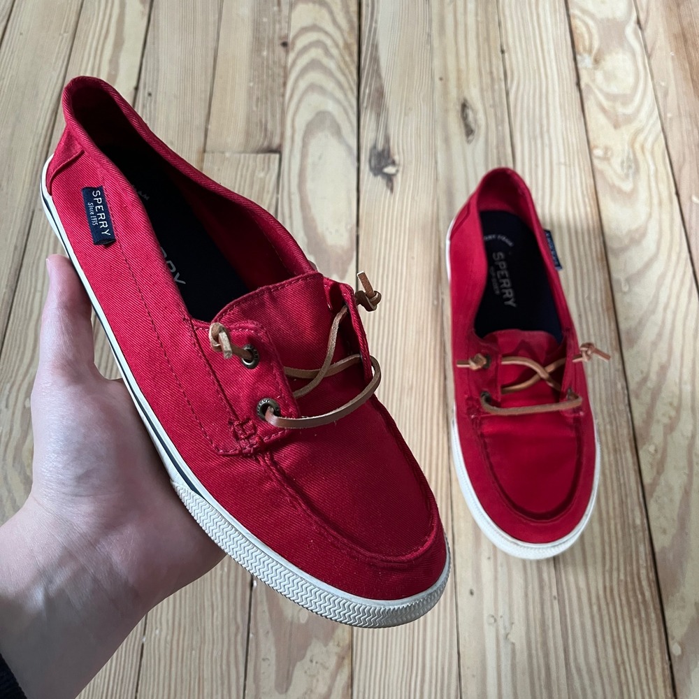 Sperry Crest Vibe Boat Shoes Womens 8 Red Canvas Memory Foam Sneakers STS84274